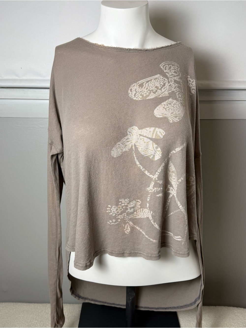 Free People Taupe Long Sleeve Top with Cream Floral Print